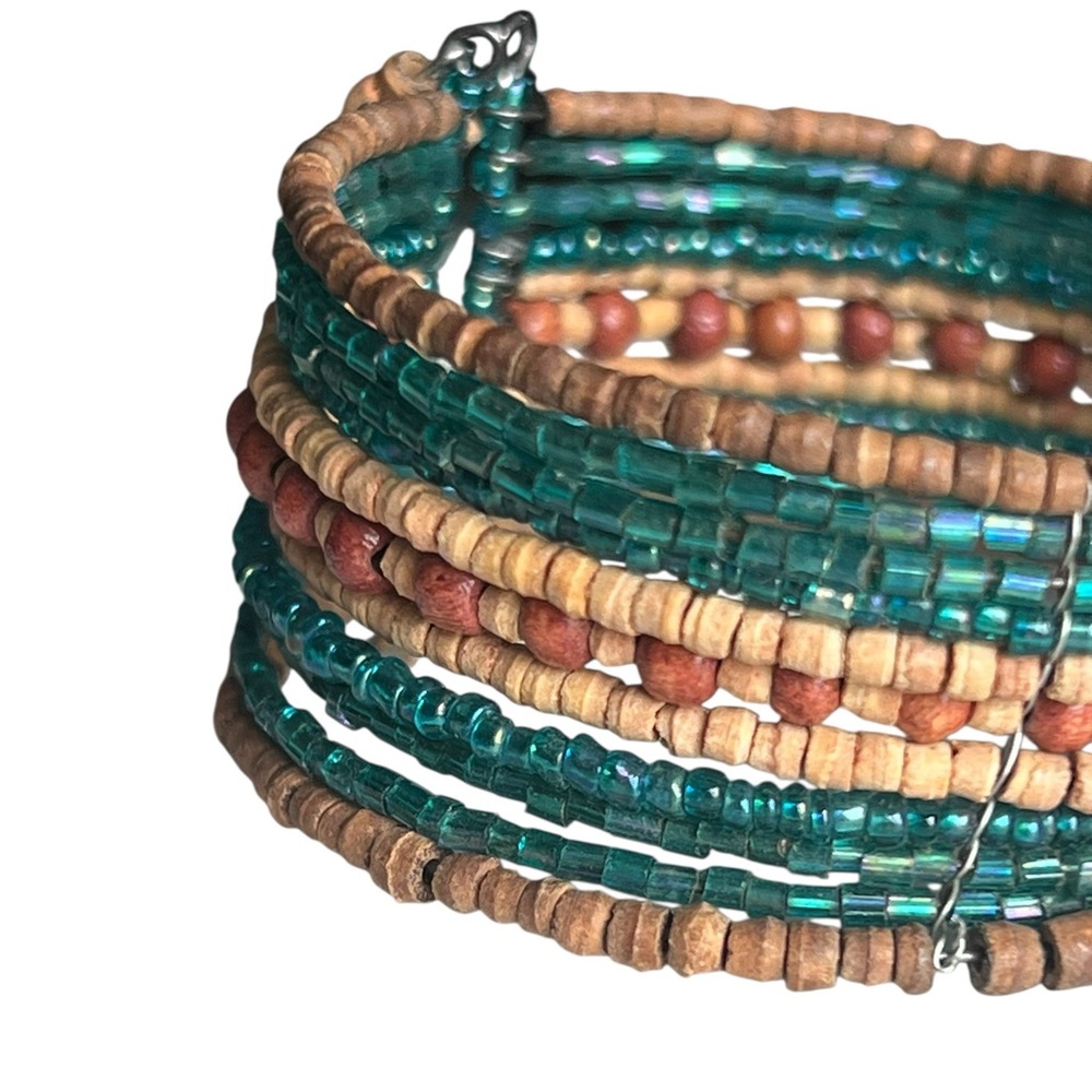 Beaded Neutral Brown Teal Stacking Adjustable Boh… - image 2
